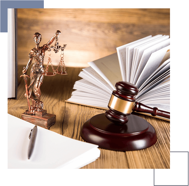 Lady of justice, wooden & gold gavel and books on wooden table and wooden background